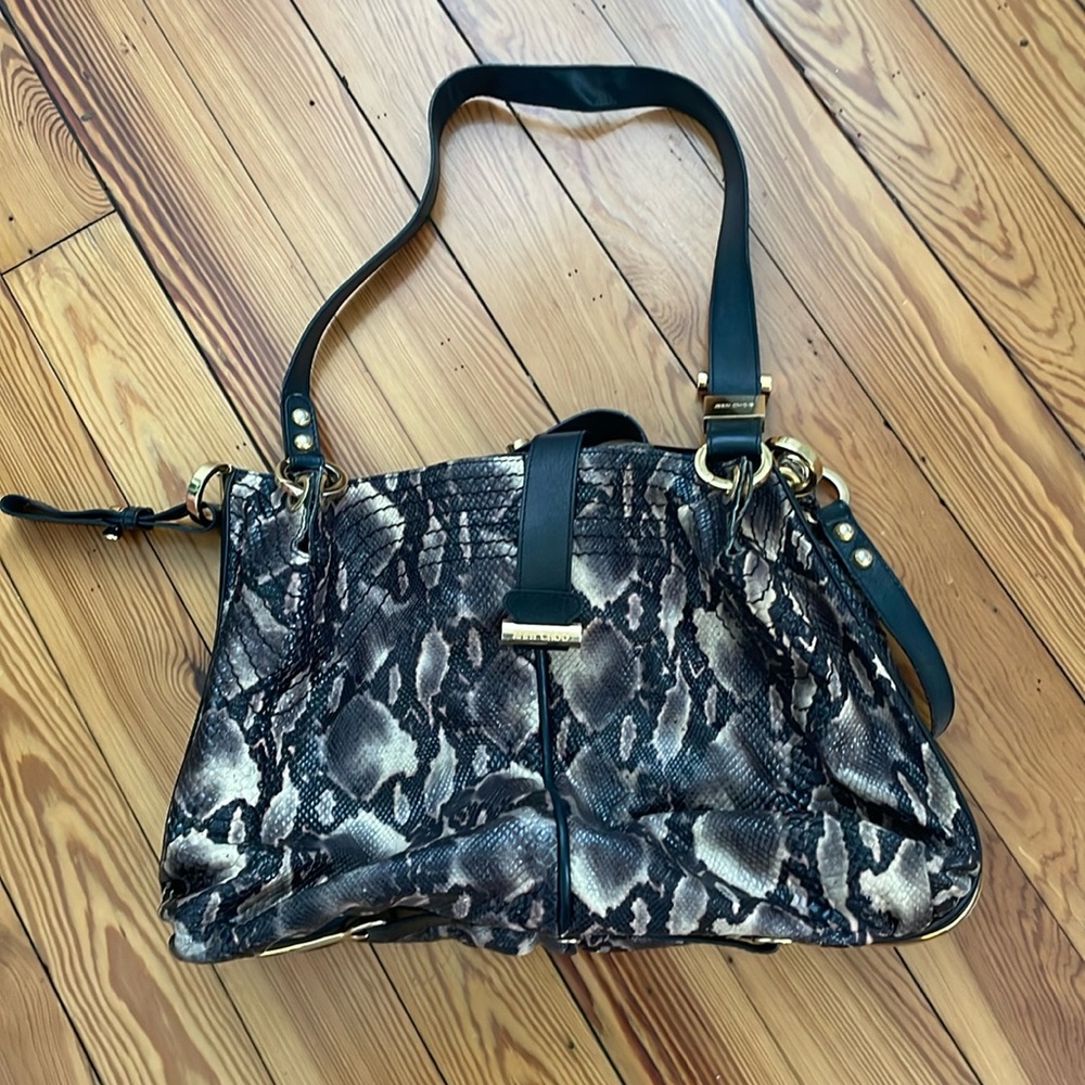Faux Black, Tan and Gray Python Shoulder Bag With Gold Accents